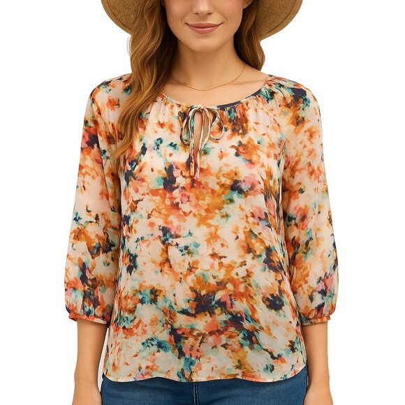 A.n.a Petite Floral Chiffon Blouse Size PL Sheer Peasant Tie Neck Boho Top - Picture 1 of 15